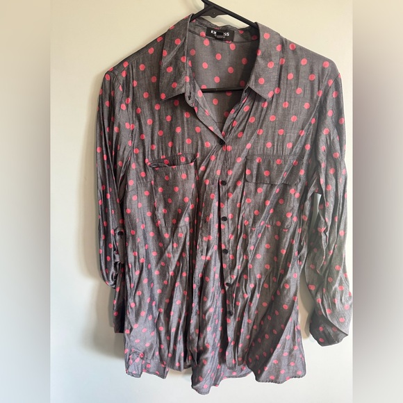 Express Women's Gray and Pink Polka Dot Button Down Shirt - Picture 1 of 2